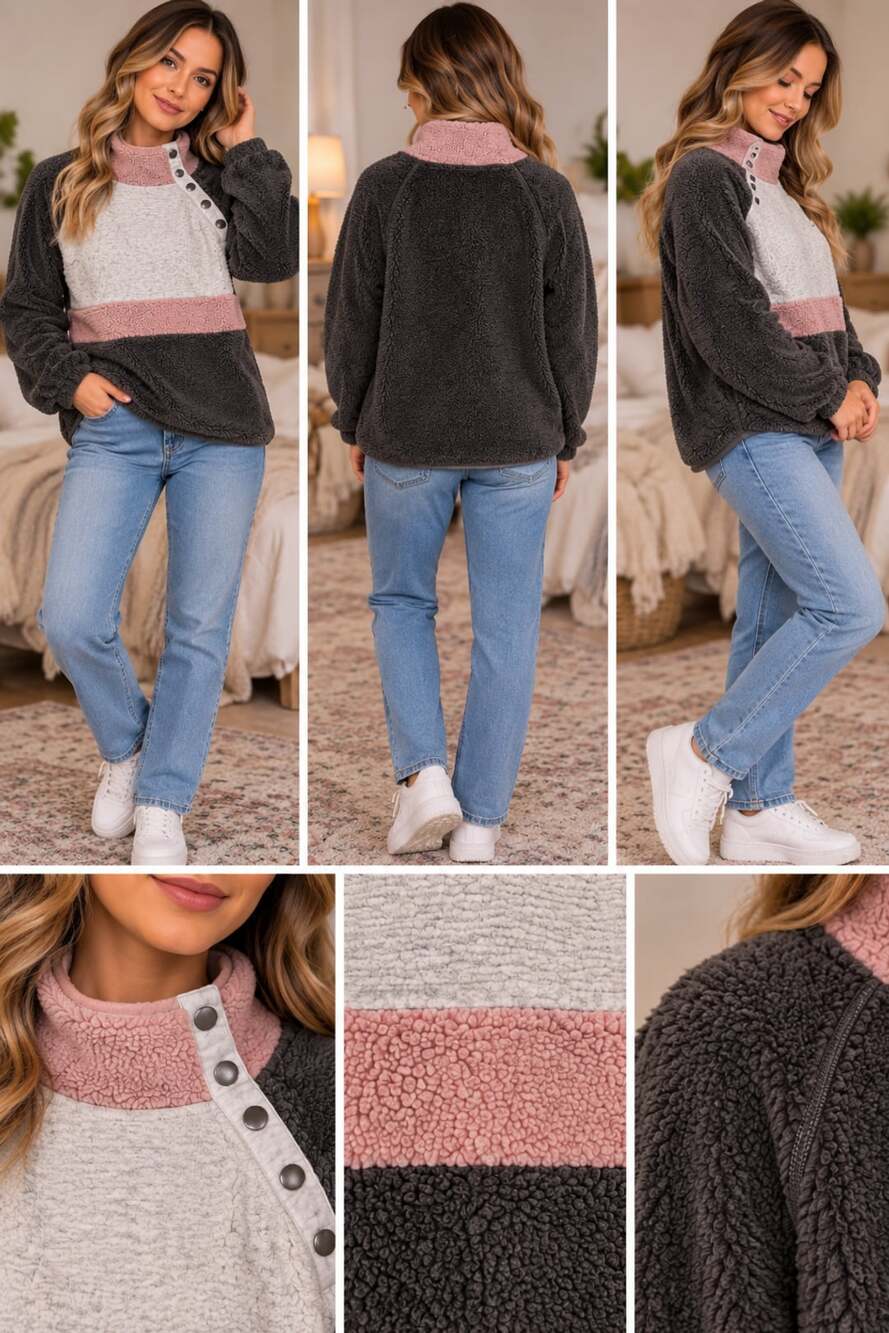 Maurices Sherpa Pullover Size L Gray Mauve Colorblock Snap Mock Neck